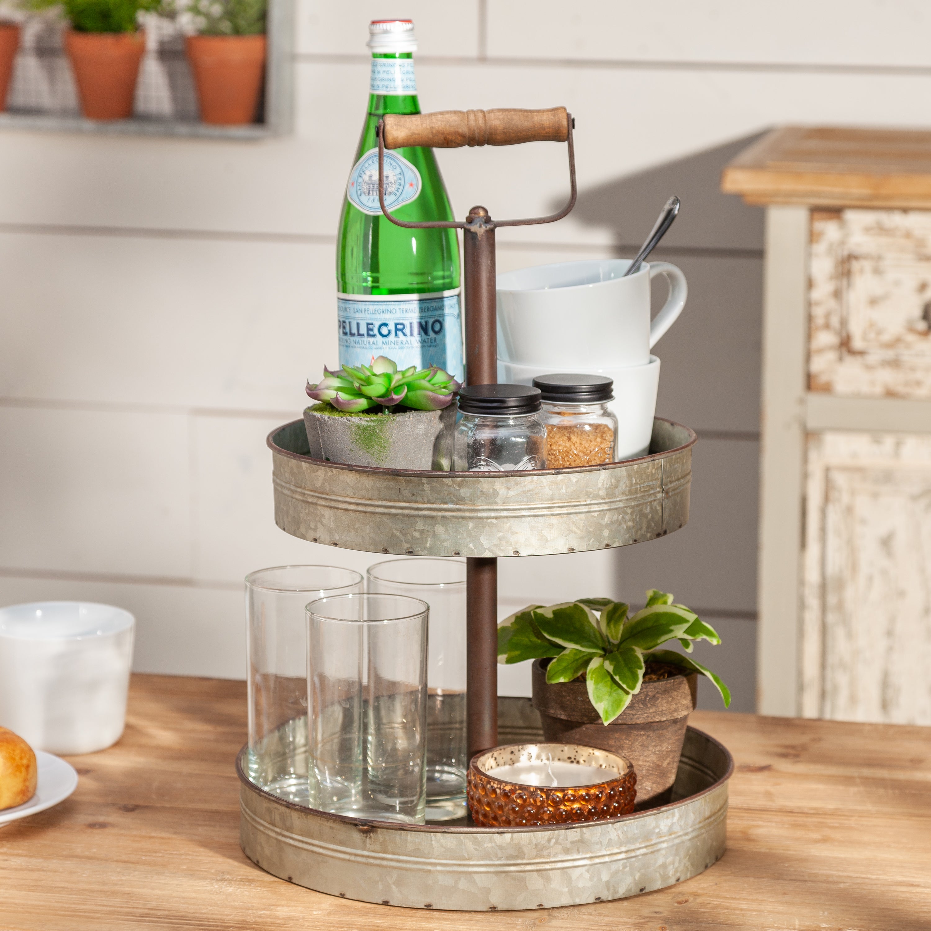 18 Inch 2 Tier Rustic Round Galvanized Metal Planter Tray